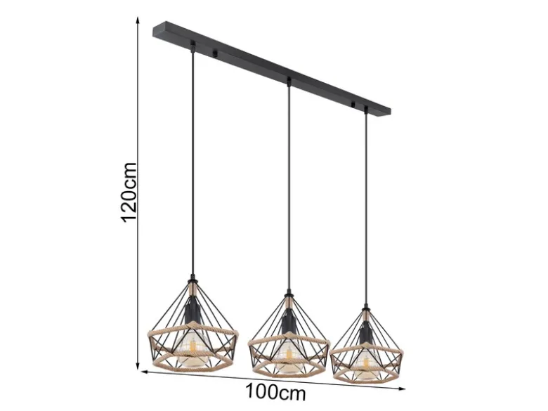 LED Pendelleuchte 3-flammig mit Hanfseil und Drahtgestell, Breite 100cm