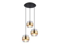 LED Pendelleuchte 3-flammig mit Rauchglas und Messing, Ø 45cm