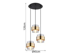 LED Pendelleuchte 3-flammig mit Rauchglas und Messing, Ø 45cm