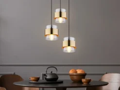 LED Pendelleuchte 3-flammig mit Rauchglas und Messing, Ø 45cm