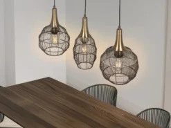 LED Pendelleuchte 3-flammig mit Drahtgeflecht Altmessing, Breite 86cm