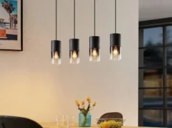 LED Pendelleuchte 4-flammig mit Rauchglas & Metall Schwarz, Breite 80cm