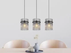 LED Pendelleuchte 3-flammig mit Rauchglas Stäben, Breite 80cm