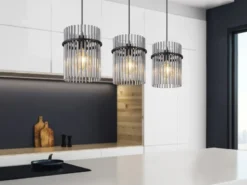 LED Pendelleuchte 3-flammig mit Rauchglas Stäben, Breite 80cm