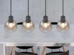 LED Pendelleuchte 4-flammig mit Glasschirmen Chrom bedampft, B: 90cm