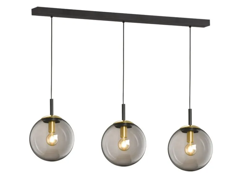 LED Pendelleuchte 3-flammig Rauchglas Schwarz mit Messing, Breite 115cm