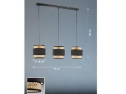 LED Pendelleuchte 3-flammig, Rattan Lampenschirme mit Stoff, Breite 74cm
