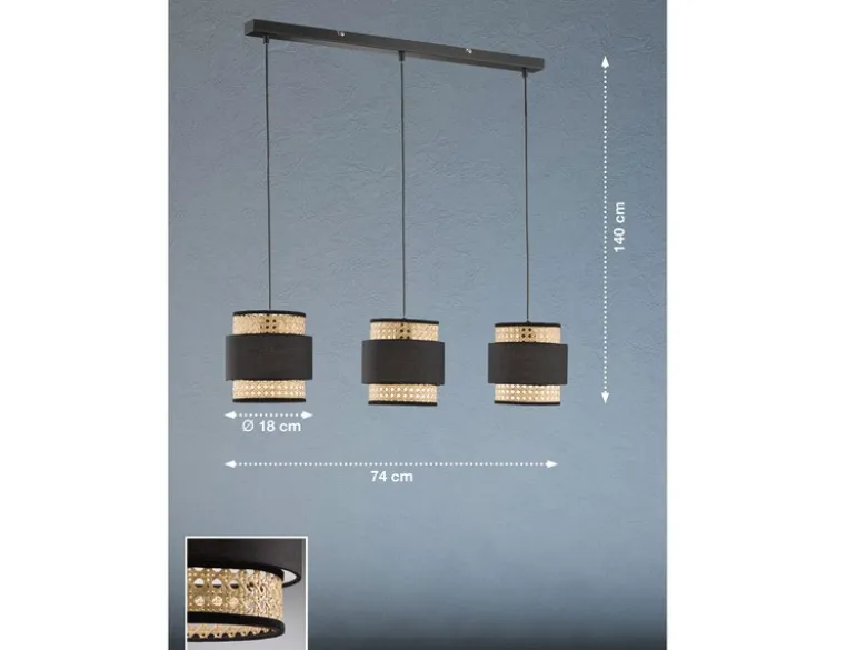 LED Pendelleuchte 3-flammig, Rattan Lampenschirme mit Stoff, Breite 74cm