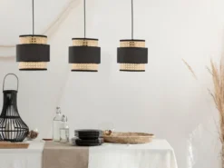 LED Pendelleuchte 3-flammig, Rattan Lampenschirme mit Stoff, Breite 74cm
