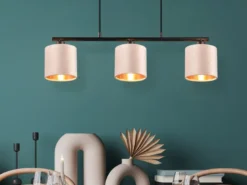 LED Pendelleuchte 3-flammig Samt Lampenschirme Beige Gold, Breite 66cm