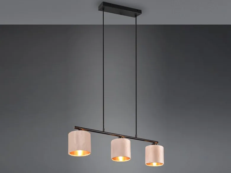 LED Pendelleuchte 3-flammig Samt Lampenschirme Beige Gold, Breite 66cm