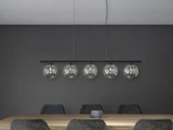 LED Pendelleuchte 5-flammig Schwarz-Glaskugeln Rauchglas, Breite 100cm