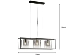 LED Pendelleuchte 3-flammig Schwarz mit Rauchglas, Breite 90cm