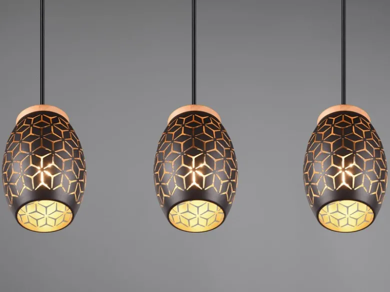 LED Pendelleuchte 3-flammig Schwarz/Gold mit Stanzmuster, Breite 71cm