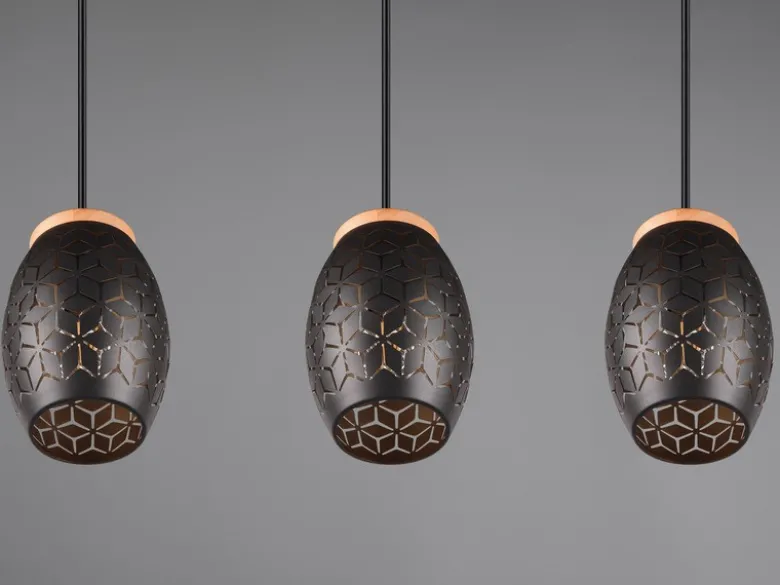 LED Pendelleuchte 3-flammig Schwarz/Gold mit Stanzmuster, Breite 71cm