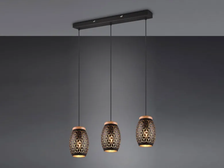LED Pendelleuchte 3-flammig Schwarz/Gold mit Stanzmuster, Breite 71cm