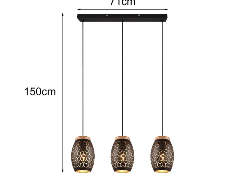 LED Pendelleuchte 3-flammig Schwarz/Gold mit Stanzmuster, Breite 71cm