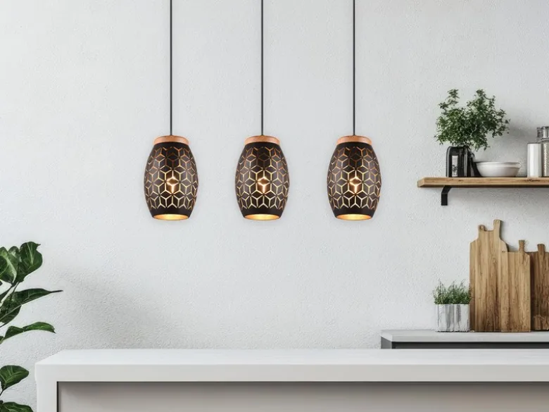 LED Pendelleuchte 3-flammig Schwarz/Gold mit Stanzmuster, Breite 71cm