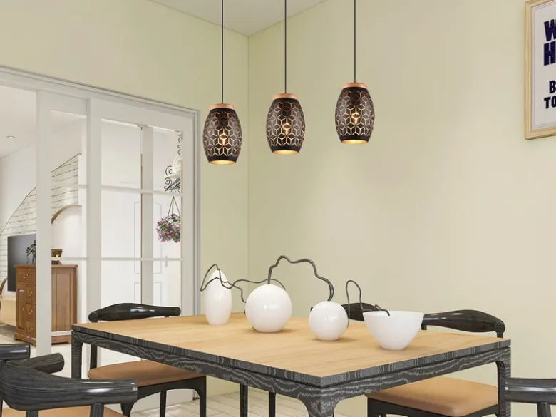 LED Pendelleuchte 3-flammig Schwarz/Gold mit Stanzmuster, Breite 71cm