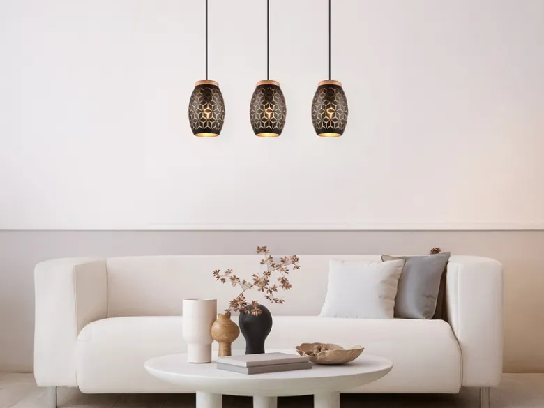 LED Pendelleuchte 3-flammig Schwarz/Gold mit Stanzmuster, Breite 71cm