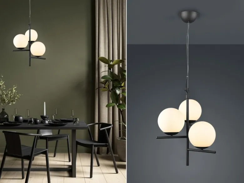 LED Pendelleuchte 3-flammig Schwarz mit Kugel Lampenschirmen Glas Weiß, Ø 40cm