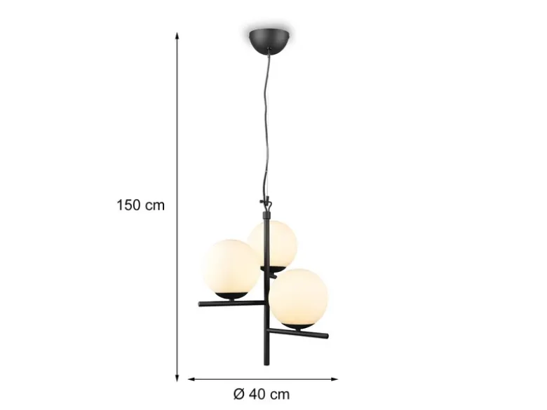 LED Pendelleuchte 3-flammig Schwarz mit Kugel Lampenschirmen Glas Weiß, Ø 40cm