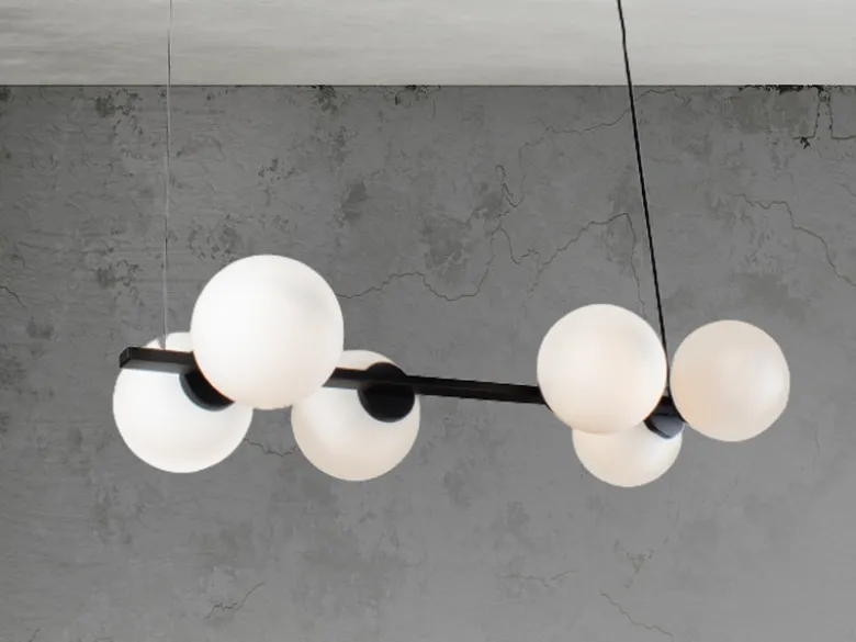 LED Pendelleuchte 6 flammig Schwarz & Opalglas Kugeln Weiß, Breite 80cm