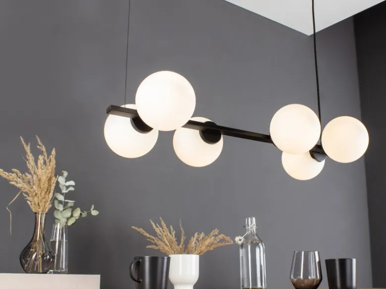LED Pendelleuchte 6 flammig Schwarz & Opalglas Kugeln Weiß, Breite 80cm
