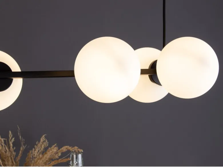 LED Pendelleuchte 6 flammig Schwarz & Opalglas Kugeln Weiß, Breite 80cm