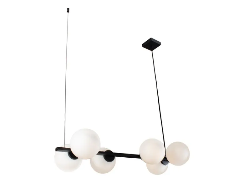 LED Pendelleuchte 6 flammig Schwarz & Opalglas Kugeln Weiß, Breite 80cm