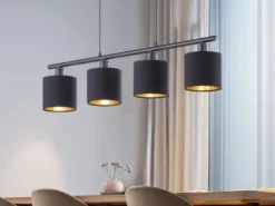LED Pendelleuchte 4-flammig Stoff Lampenschirme Schwarz/Gold, Breite 75cm
