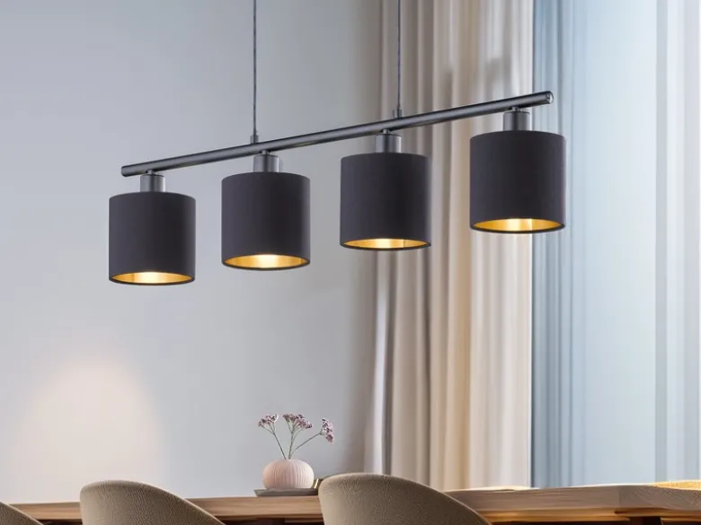 LED Pendelleuchte 4-flammig Stoff Lampenschirme Schwarz/Gold, Breite 75cm