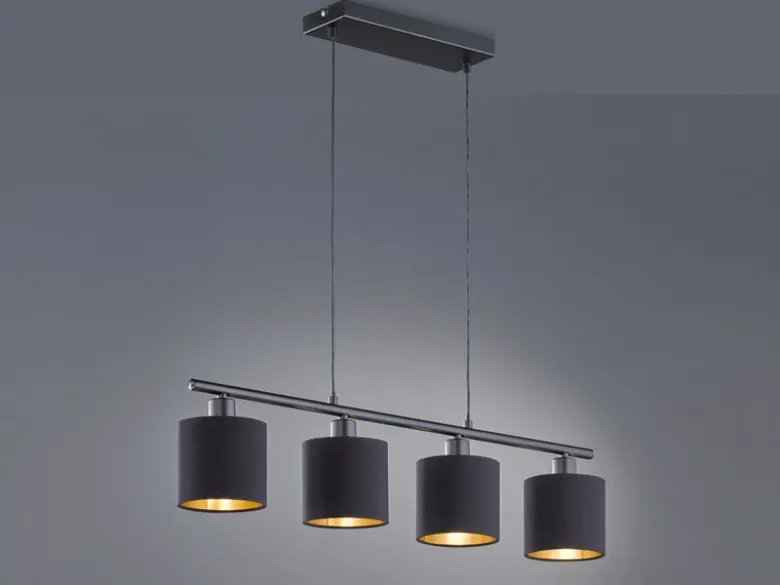 LED Pendelleuchte 4-flammig Stoff Lampenschirme Schwarz/Gold, Breite 75cm