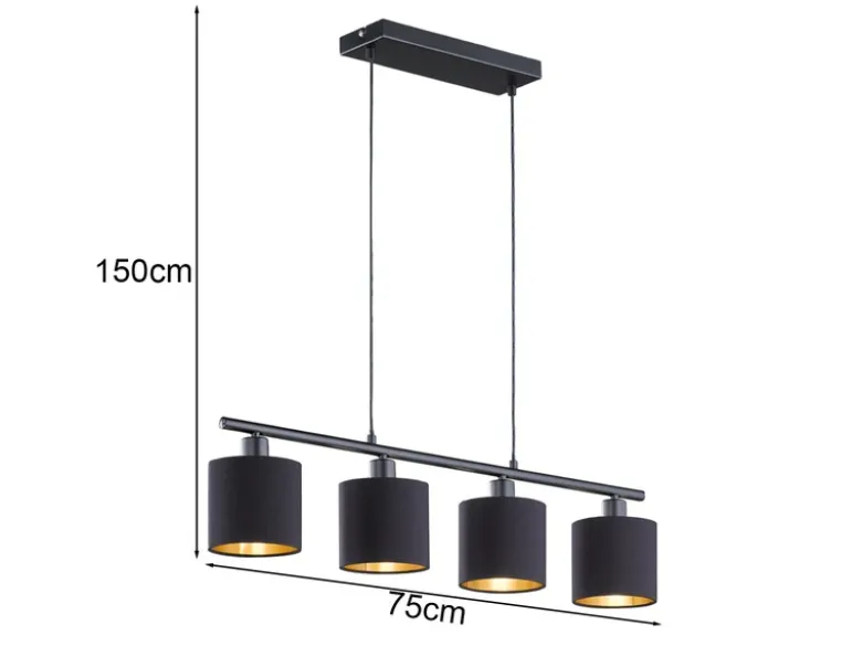 LED Pendelleuchte 4-flammig Stoff Lampenschirme Schwarz/Gold, Breite 75cm