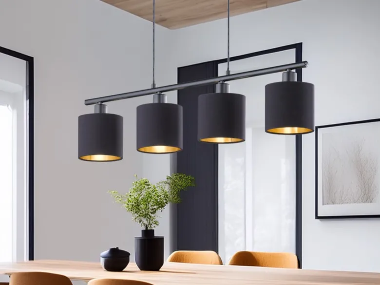 LED Pendelleuchte 4-flammig Stoff Lampenschirme Schwarz/Gold, Breite 75cm