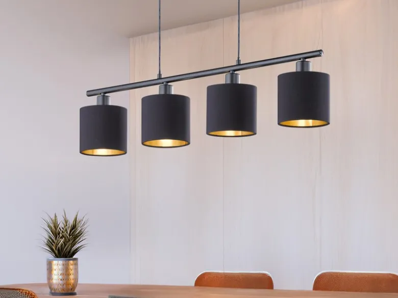 LED Pendelleuchte 4-flammig Stoff Lampenschirme Schwarz/Gold, Breite 75cm