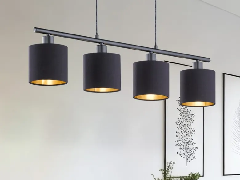 LED Pendelleuchte 4-flammig Stoff Lampenschirme Schwarz/Gold, Breite 75cm