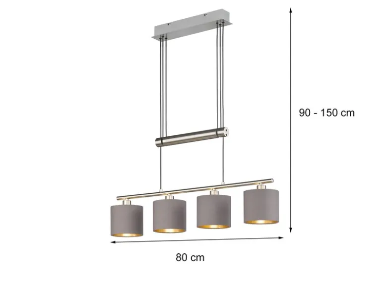 LED Pendelleuchte 4-flammig Taupe höhenverstellbar mit Stoffschirmen, B: 77cm
