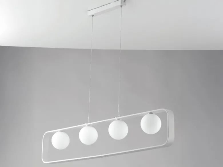LED Pendelleuchte 4-flammig Weiß Glaskugeln Opalweiß, Breite 100cm