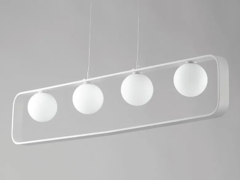LED Pendelleuchte 4-flammig Weiß Glaskugeln Opalweiß, Breite 100cm