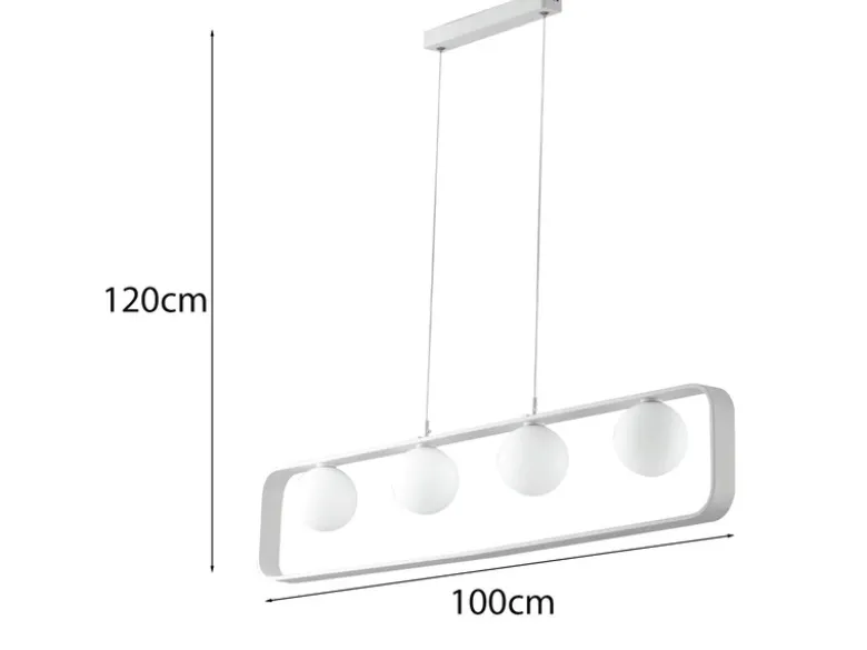 LED Pendelleuchte 4-flammig Weiß Glaskugeln Opalweiß, Breite 100cm