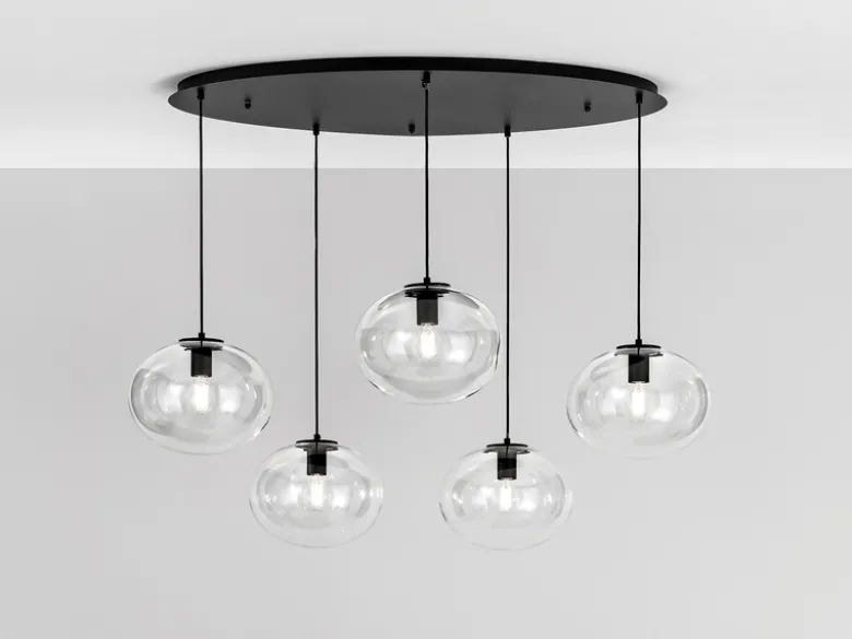 LED Pendelleuchte fünfflammig Kugel Glasschirme transparent Breite 119,5cm