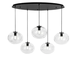 LED Pendelleuchte fünfflammig Kugel Glasschirme transparent Breite 119,5cm