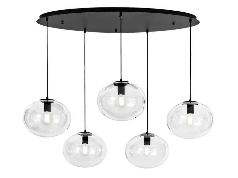 LED Pendelleuchte fünfflammig Kugel Glasschirme transparent Breite 119,5cm