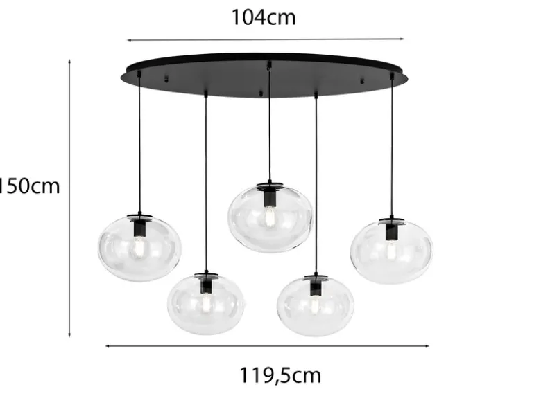 LED Pendelleuchte fünfflammig Kugel Glasschirme transparent Breite 119,5cm