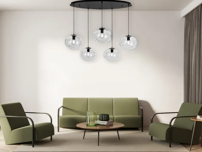 LED Pendelleuchte fünfflammig Kugel Glasschirme transparent Breite 119,5cm