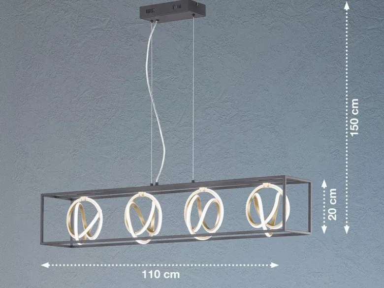 LED Pendelleuchte GISI 4-flammig Schwarz Gold dimmbar & Tageslicht, Breite 110cm