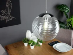 LED Pendelleuchte Glaskugel Wellenmuster in Transparent, Ø 33cm