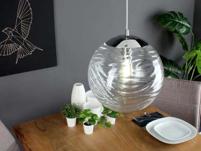 LED Pendelleuchte Glaskugel Wellenmuster in Transparent, Ø 33cm
