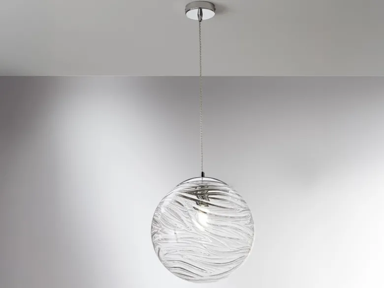 LED Pendelleuchte Glaskugel Wellenmuster in Transparent, Ø 33cm